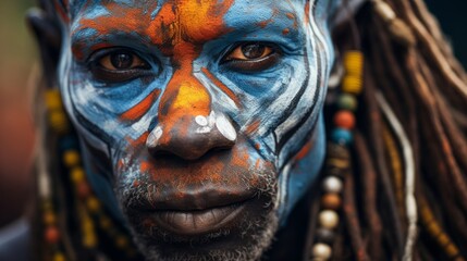 Philosopher with tribal paint vibrant colors of indigenous village background