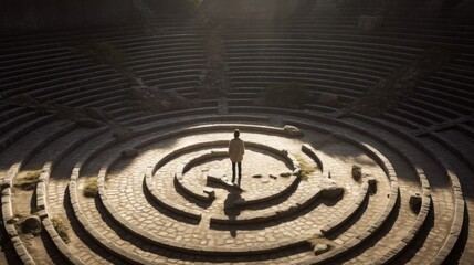 Philosopher in ancient labyrinth high-angle contemplative figure diffused light