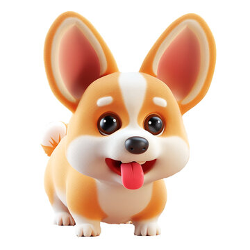 Simple fat cute funny kawaii fluffy cartoon orange corgi puppy, dot eyes, red tongue sticking out of mouth in standing playful pose. Lovely adorable pet minimal style. 3d render on white background 
