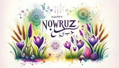 Watercolor illustration for the persian new year with text happy nowruz. - obrazy, fototapety, plakaty