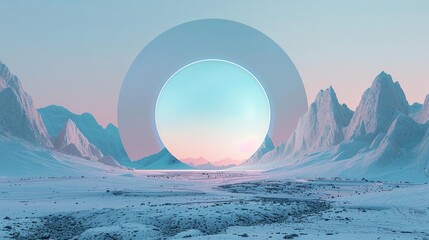 A surreal mountain landscape with a geometric round shape or a portal or a strange figure. Fantastic space unreal landscape