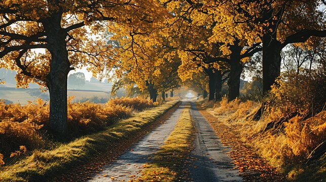 a long paved road is lined with yellow trees, in the style of serene pastoral scenes, photo-realistic landscapes, villagecore, lush landscape backgrounds, wimmelbilder