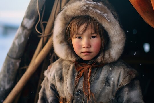 Evenki child girl near a yurt. indigenous inhabitants of the northern regions.