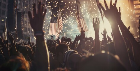 Silhouettes of a jubilant crowd with raised hands, American flags waving during a Fourth of July...
