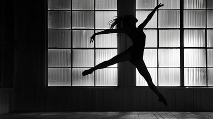 A person is captured mid-air, jumping energetically in front of a window. The background shows a view through the glass - Powered by Adobe