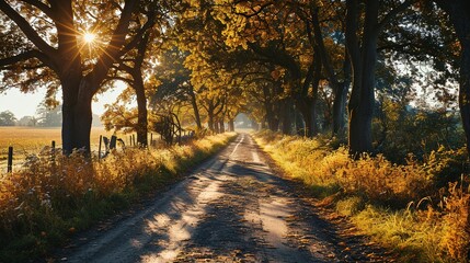 Obraz premium a long road is paved with trees and fields of yellow grass, in the style of tradition, eye-catching, yellow, wimmelbilder