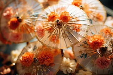 a lot of parasols adorned with flowers and patterns, in the style of luminous landscape painting, light yellow and light amber, japonisme, silk painting, colorful kitsch, punk - obrazy, fototapety, plakaty