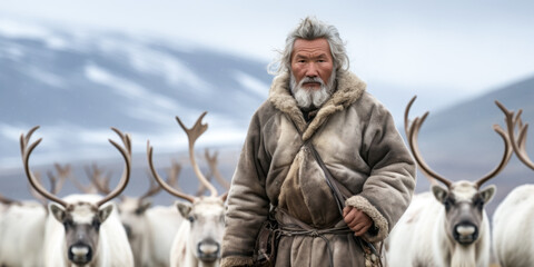 an elderly man is a reindeer herder with a herd of deer in the tundra on a pasture.