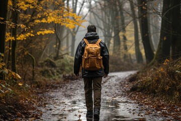a man carries a backpack through a forest ae, in the style of dark orange and light black, spot metering, dau al set, solapunk, #vfxfriday - obrazy, fototapety, plakaty