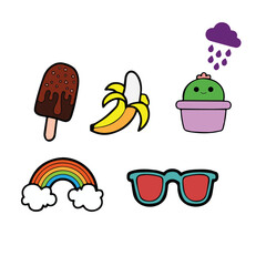 Summer stickers set, colorful, can be adapted to a variety of applications such as Scrapbook, cover, art for kids, summer themed, colorful stickers, summer vibes, fun emojis