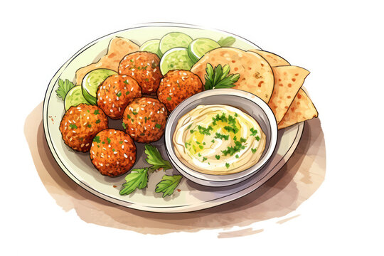 Delicious Middle Eastern Cuisine: Fried Falafel Ball with Tasty Traditional Hummus Dip on a Wooden Plate, Freshly Garnished with Parsley on a Green Salad, Background of a White Table at a Lebanese