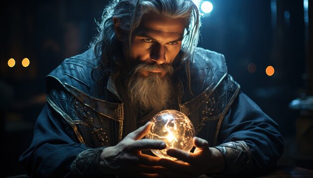 a man holding a stone statue with a lantern in the middle, in the style of cosmic imagery, light silver and azure, celestialpunk, infinity nets, tabletop photography