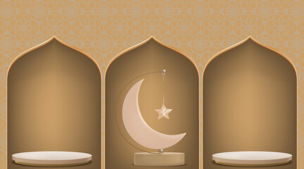 Eid al Adha Mubarak greeting design with Crescent Moon and Star hanging on 3D podium on Beige background.Vector Backdrop of Religion of Muslim Symbolic for Eid al fitr, Ramadan Kareem