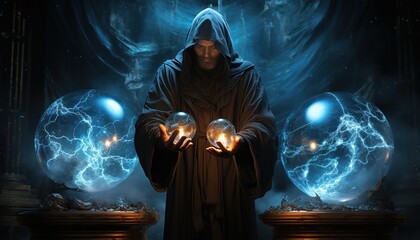 a man in a robe is holding up two spheres with lights in them, in the style of ethereal symbolism, magewave, storybook illustrations, light black and azure, space - obrazy, fototapety, plakaty