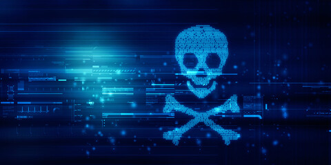 2d rendering Digital skull and crossbones on binary code