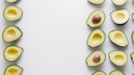 Halved avocados with pits neatly arranged around the edges of a white background, creating a natural frame. - obrazy, fototapety, plakaty