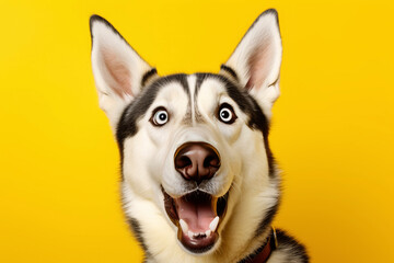 Siberian Husky with open mouth on yellow background