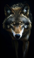Fototapeta premium Wolf with Focused Eyes Looking to Camera Animal Discipline Strength Focus Leadership
