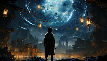 a man looks up at the nightlife statue and a circular lantern, in the style of mystical realms, silver and azure, spiritualcore, art, scientific illustrations, storybook illustrations