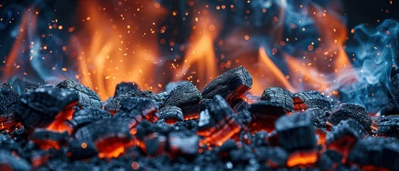 Papier Peint photo Lavable Texture du bois de chauffage BBQ Grill With Glowing And Flaming Hot Charcoal Briquettes, Food Background Or Texture