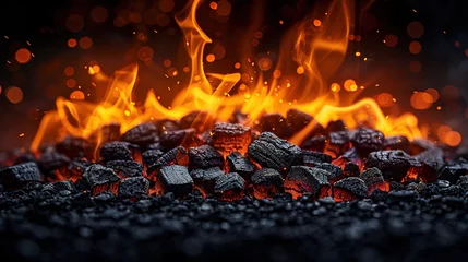 Tuinposter BBQ Grill With Glowing And Flaming Hot Charcoal Briquettes, Food Background Or Texture © Vasiliy