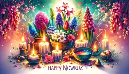 Watercolor style illustration for persian new year with flowers and candles. - obrazy, fototapety, plakaty