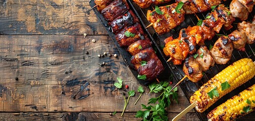 Variety of food grilled on wooden table, top view. Outdoors food Concept