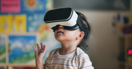 Asian toddler wearing virtual reality headset indoors, at school in classroom