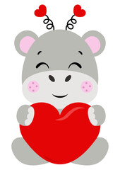 Obraz na płótnie Canvas Cute valentine hippo sitting with red heart