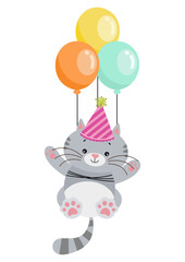 Cute cat flying with balloons