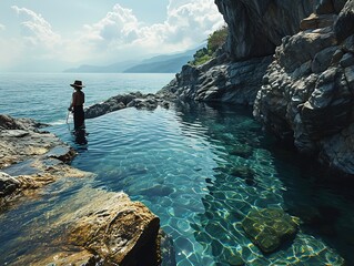 a man with a fishing rod standing in a pool, in the style of coastal views, dreamy and romantic, webcam photography, solarizing master, luxurious, cold and detached atmosphere