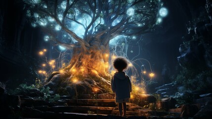 Child discovering a fantastical, ancient tree, fantasy art