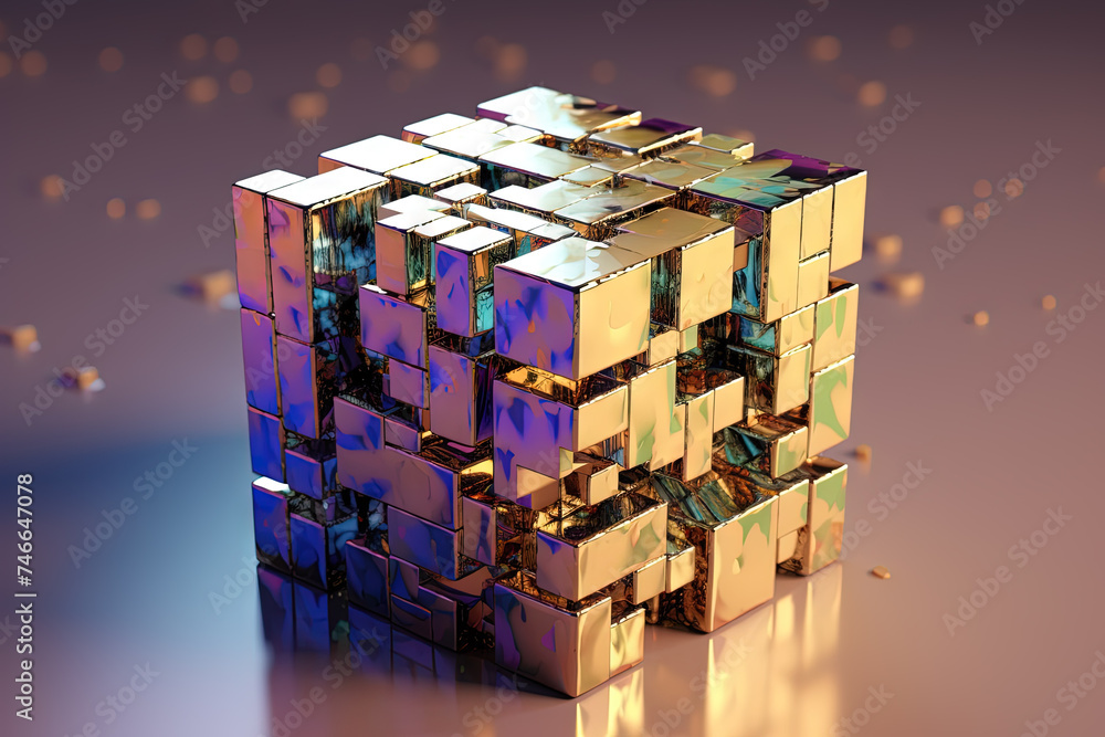 Poster Ethereal geometric sculpture with a cube shape. Shiny crystal cube structure with vibrant colors in vaporwave and y2k style.