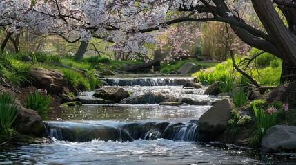 Naklejka premium In spring, flowers bloom with vibrant colors, radiating beauty, coolness, and tranquility