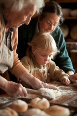 Grandparents teaching grandchildren to make traditional bread, flour-dusted hands shaping dough with love.
