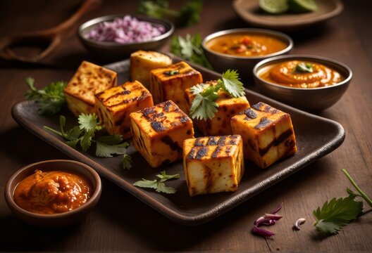 Paneer Tikka Kabab - is an Indian dish made from chunks of cottage cheese marinated in spices & grilled in a tandoor. Served in a plate with salad & green mint chutney. Selective focus