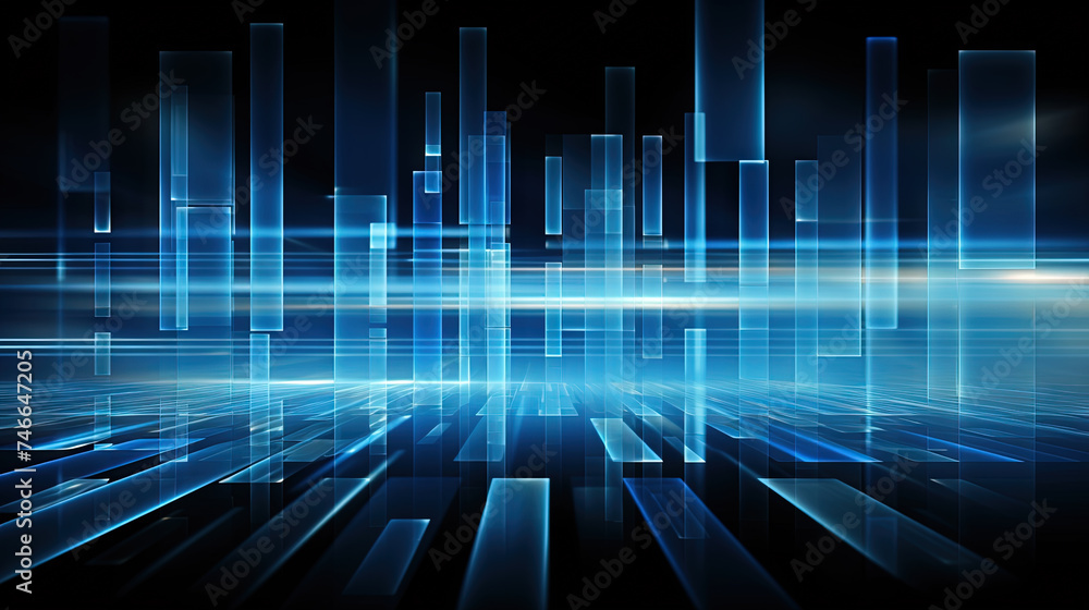 Poster business abstraction with infographics style data blocks in blue glowing lights.