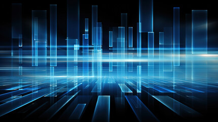 Business abstraction with infographics style data blocks in blue glowing lights.