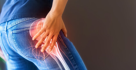 Pain On The Hip. Close-Up. Understanding Hip Pain and Its Impact. Medical Awareness And Treatment.  - obrazy, fototapety, plakaty