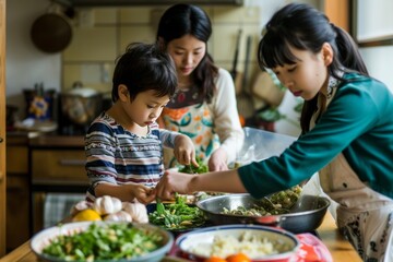 Parents teaching children to make a traditional dish, a fusion of old and new techniques blending seamlessly.