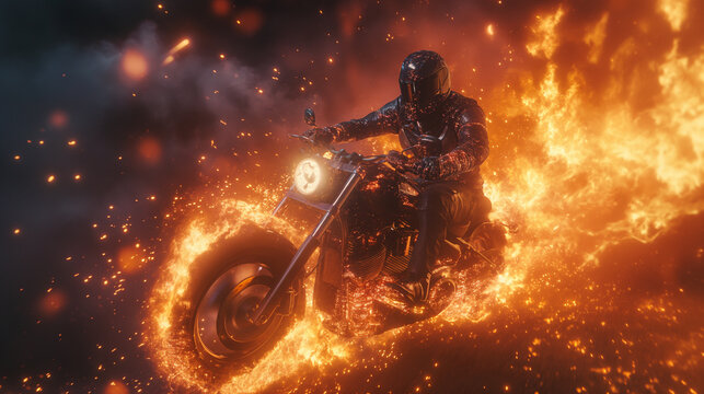 Action shot with man riding away from explosion on bike. Dynamic scene with fire in action movie blockbuster style.