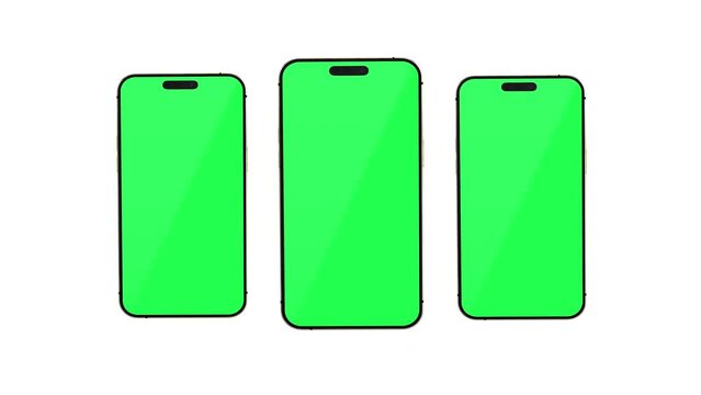 A group of smartphones With Blank Green Screens. White screen background