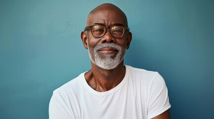 Studio portrait of handsome mature black man, bald with glasses, blue background - obrazy, fototapety, plakaty