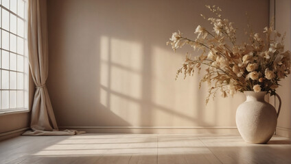 Fototapeta na wymiar Dreamy setting. Abstract beige studio for product presentations. Window shadows, flowers, leaves. D room with copy space.