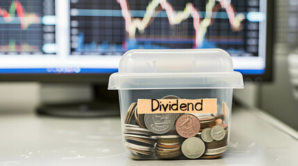a plastic box with written word “Dividend”, diversify investments or investing part of  money in dividend stock concept - obrazy, fototapety, plakaty