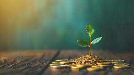 small plant or tree growing on pile of golden coins, investment for financial growth and freedom, Investing in environment, social, governance or ESG concept - obrazy, fototapety, plakaty