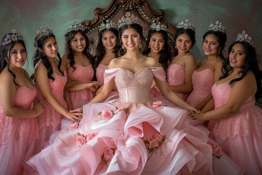 Quinceanera princess surrounded by her damas and chambelanes in a formal photo session.