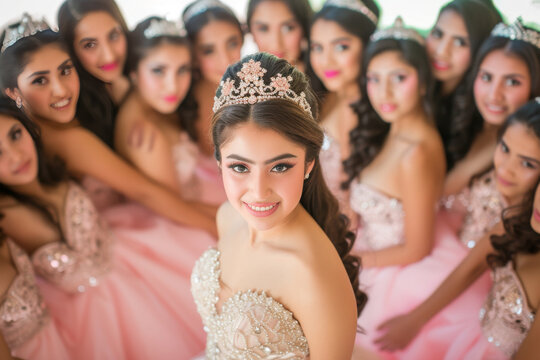 Quinceanera princess surrounded by her damas and chambelanes in a formal photo session.