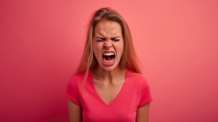 Young Adult(girl) with expressing Anger and Frustration, with copy space, isolated on solid color background - obrazy, fototapety, plakaty