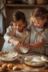 Siblings baking together, recreating a passed-down pie recipe, laughter mingling with the scent of baking.